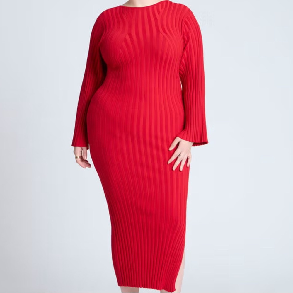 Eloquii Red Ribbed Long Sleeve Bodycon Dress